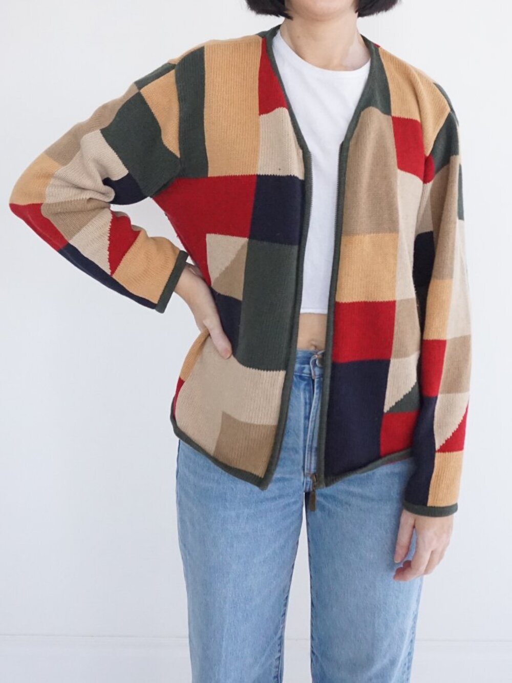 Vintage Christopher Banks Colorblock Geometric Zip Cotton Blend Cardigan L